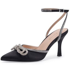 Ainrock Women's Rhinestone Bow Heels Black Size 8